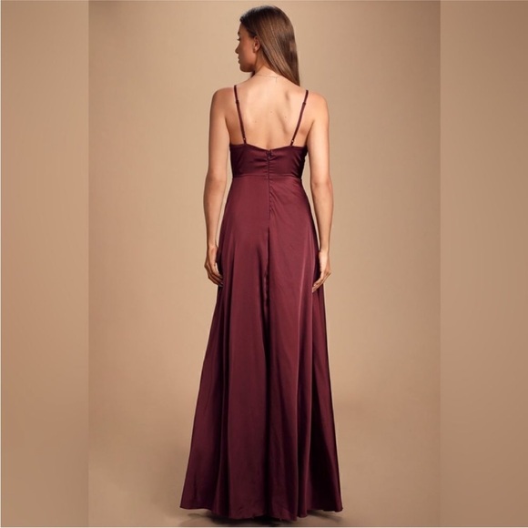 Lulus Ode To Love Burgundy Satin Maxi Dress Slit Formal Bridesmaid Small NWT - Picture 6 of 8